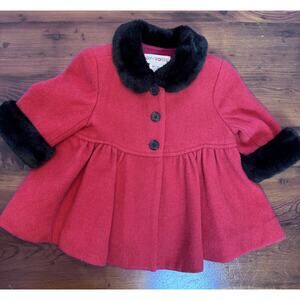 Gymboree Vintage Red Coat Black Fur Trim Baby Girl Size 0-12 Months